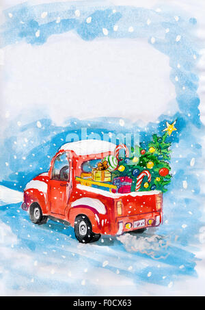 Voiture rouge avec arbre de Noël sur la neige. le dessin de l'enfant Banque D'Images