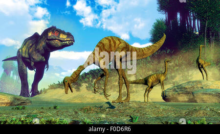 Tyrannosaurus rex surprenant un troupeau de dinosaures Gallimimus. Banque D'Images