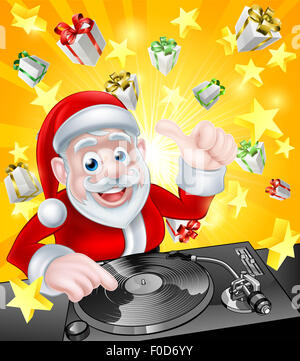 Cartoon Noël père DJ à la notice ponts avec des cadeaux de Noël présente et des étoiles en arrière-plan Banque D'Images