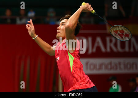 Istora Senayan Arena, Jakarta, Indonésie. Août 13, 2015. Kento Momota (JPN), le 13 août 2015 - TOTAL : Badminton Badminton Championnats du monde masculin 2015 3ème tour match à Istora Senayan Arena, Jakarta, Indonésie. Credit : Ito Shingo/AFLO SPORT/Alamy Live News Banque D'Images