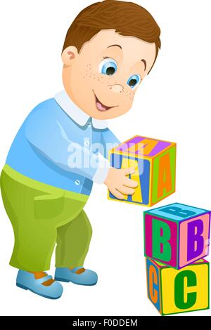 Little boy playing with abc cubes alphabet cartoon vector background. Illustration de Vecteur