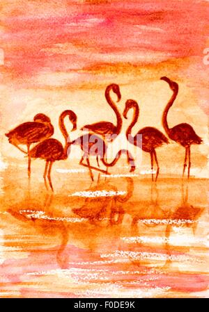 Flamingo dans le coucher du soleil, l'aquarelle vector illustration Illustration de Vecteur