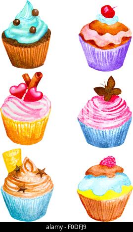 Ensemble de petits gâteaux réalisés à l'aquarelle. vector illustration. crème avec les papillons, de chocolat, de cerise, coeur, étoile, biscuits Illustration de Vecteur