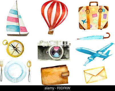 Ensemble de symboles touristiques. aquarelle hand drawn vector illustration. voilier, hot air balloon, bagages, parapluie, avion, appareil photo, Illustration de Vecteur