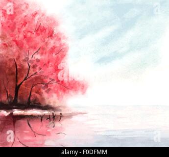 Aquarelle automne fond rouge avec arbres et l'eau du lac. vector illustration Illustration de Vecteur