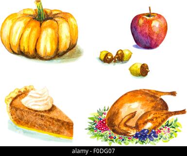 Jour de thanksgiving ensemble avec rôti de dinde, de raisin, de citrouilles, de glands, apple pie, vector illustration à l'aquarelle. Illustration de Vecteur