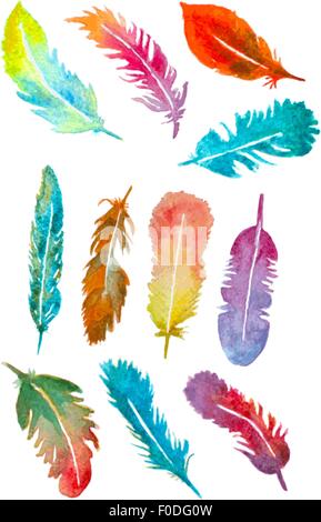 Jeu de plumes à la main à l'aquarelle. vector illustration Illustration de Vecteur