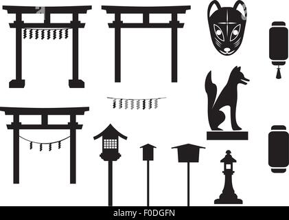 Objet traditionnel au japon, japan gate, masque de renard, renard sculpture, étiquette et bannière, lanterne et lampe Illustration de Vecteur