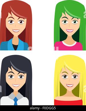 Cute illustrations de belles jeunes filles avec différentes couleurs de cheveux et porte Illustration de Vecteur