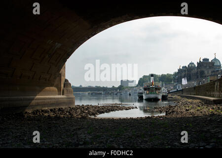 Dresde, Allemagne. Août 13, 2015. Des pierres se coucher sur le lit de la rivière de l'Elbe à Dresde, Allemagne, 13 août 2015. Les niveaux d'eau sont à seulement 50cm dans certaines régions. Photo : ARNO BURGI/dpa/Alamy Live News Banque D'Images