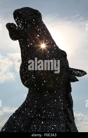 Falkirk, Ecosse, Royaume-Uni. Août 13, 2015. Le soleil brille à travers l'une des têtes de Kelpies en helice Park, Falkirk, Ecosse le jeudi 13 août 2015. Credit : Mark Fletcher/Alamy Live News Banque D'Images