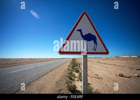 Rare panneau d'avertissement de l'autoroute de l'Ouest, désert du Sahara au Maroc. Banque D'Images