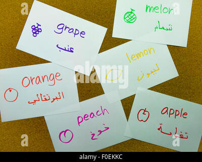 Nom de l'apprentissage des fruits dans une autre langue avec des cartes flash. Banque D'Images