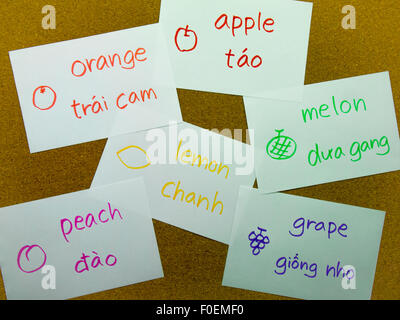 Nom de l'apprentissage des fruits dans une autre langue avec des cartes flash. Banque D'Images