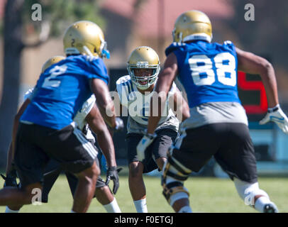 San Bernardino, CA. 10 août, 2015. UCLA arrière défensif (9) Marcus Rios en action au cours de la première journée de pratique de l'automne lundi, 10 août 2015 à Cal State College de San Bernardino, San Bernardino, en Californie. (Crédit obligatoire : Juan Lainez/MarinMedia.org/Cal Sport Media) (photographe complet, et de crédit requis) © csm/Alamy Live News Banque D'Images