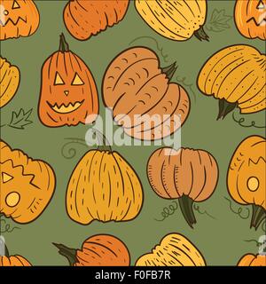 Funny halloween Seamless texture doodle avec citrouilles orange sur fond vert Illustration de Vecteur
