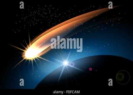 Comète rayonnante dans l'espace et de surface de la planète. Illustration en couleur. Illustration de Vecteur