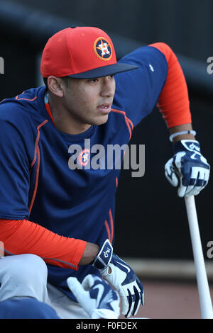 Carlos Correa des Astros de Houston pendant une partie de baseball MLB entre les Giants de San Francisco et les Astros de Houston à AT&T Park à San Francisco, CA le 11 août 2015.Daniel Gluskoter/CSM Banque D'Images