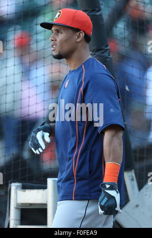 Carlos Gomez de l'Astros de Houston pendant une partie de baseball MLB entre les Giants de San Francisco et les Astros de Houston à AT&T Park à San Francisco, CA le 11 août 2015.Daniel Gluskoter/CSM Banque D'Images