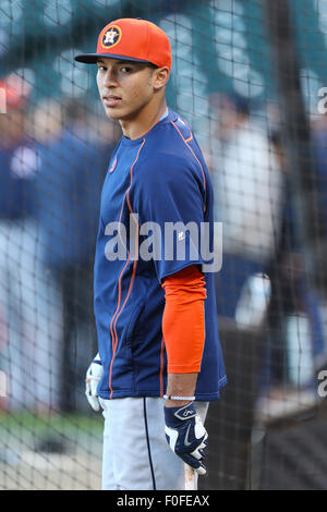 Carlos Correa des Astros de Houston pendant une partie de baseball MLB entre les Giants de San Francisco et les Astros de Houston à AT&T Park à San Francisco, CA le 11 août 2015.Daniel Gluskoter/CSM Banque D'Images