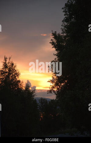 Coucher du soleil de la cime des arbres. Paysage pittoresque près de Ostersund dans le Nord de la Suède sur l'image. Banque D'Images