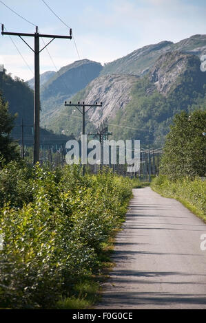 Les lignes d'alimentation dans le pittoresque paysage de Bindal dans Nordland, Norvège sur une journée ensoleillée. Banque D'Images