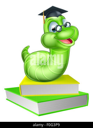 Smiling Cute cartoon ver vert caterpillar bookworm mascot portant des lunettes et graduation hat avec books Banque D'Images