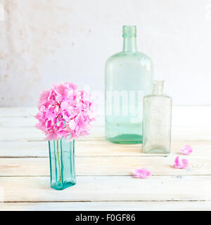 Un hortensia rose capitule dans un flacon en verre vintage turquoise, avec deux autres bouteilles en verre à l'arrière-plan Banque D'Images