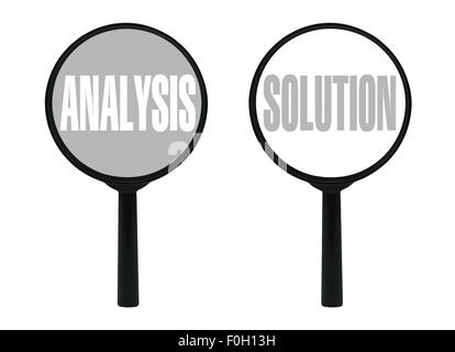 Mots de l'analyse et de solution sous une loupe isolé sur fond blanc Banque D'Images