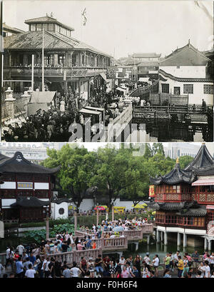 (150816) -- SHANGHAI, 16 août 2015 (Xinhua) -- Combinaison photo montre copie fichier photo de jardin Yuyuan encombrée de réfugiés en 1938 (en haut) et le Jardin Yuyuan bondée de touristes, le 12 août 2015 (en bas), dans l'est de la Chine, Shanghai. Robert Charles Emile Jacquinot de Besange, un français qui avait aussi un nom Chinois Rao Jiaju, fonde une zone de réfugiés près du jardin Yuyuan de Shanghai pendant la cruelle batailles de la Chine est les guerre. En vertu de ses grands efforts, la zone des réfugiés a reçu 300, 000 réfugiés aux heures de pointe. Rao a quitté la Chine pour Paris en 1940 et mort à Berlin en 1946. (Xinhua/Pei X Banque D'Images