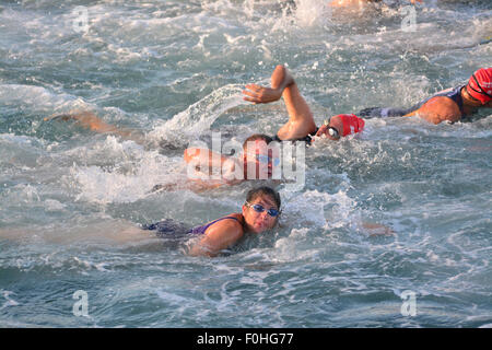 Gibraltar. 16 août, 2015. L'équipe de Natwest Gibraltar Triatholon a eu lieu ce dimanche avec les enfants et participer à la nouvelle du circuit prévu. D'abord les athlètes ont nagé 300m à l'intérieur de la zone portuaire, avant de partir sur un 7,8 km (6 tour) circuit routier pour les cyclistes. L'itinéraire s'athlètes en routes principales, avec le plus grand nombre de marshalls et les bénévoles encore vu dans l'année 10 présence de triathlon à Gibraltar. Crédit : Stephen Ignacio/Alamy Live News Banque D'Images