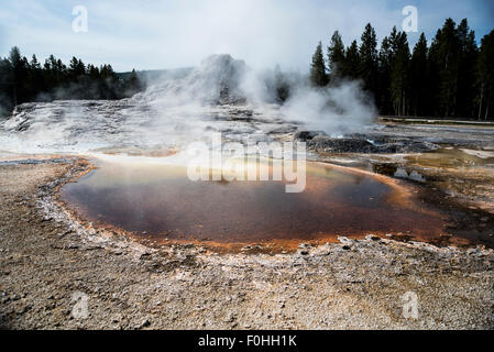 Paysage avec piscine colorée et geyser, Yellowstone National Park, Wyoming, USA.Le Parc National de Yellowstone, Wyoming, USA Banque D'Images