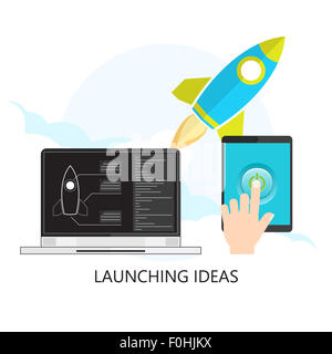 Icône rocket'. Concept de démarrage. L'élaboration du projet. Ordinateur portable moderne. Tablette avec bouton de démarrage. Banque D'Images