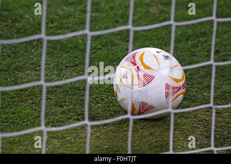 Kiev, UKRAINE - 14 février 2013 : ballon de soccer intérieur du filet après FC Dynamo Kyiv marque contre FC Girondins de Bordeaux lors de leur match de Ligue Europa de l'UEFA le 14 février 2013 à Kiev, Ukraine Banque D'Images