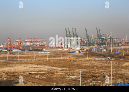 Grues à conteneurs, les navires et des installations portuaires, vu de l'édifice terminal des paquebots de croisière au port de Tianjin, Chine. Banque D'Images