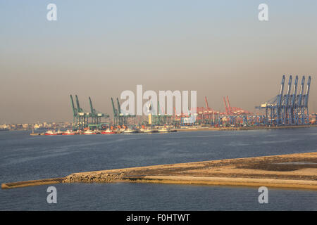 Grues à conteneurs, des navires, des bateaux et des installations portuaires, vu de l'édifice terminal des paquebots de croisière au port de Tianjin, Chine. Banque D'Images