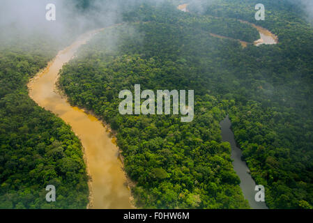 Amazon Rainforest aerial. La forêt primaire, la rivière Yavari Miri et Oxbow, entre Iquitos, Pérou et frontière brésilienne Banque D'Images