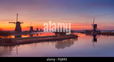 Moulins à vent hollandais traditionnel juste avant le lever du soleil. Photographié à la célèbre Kinderlijk. Banque D'Images