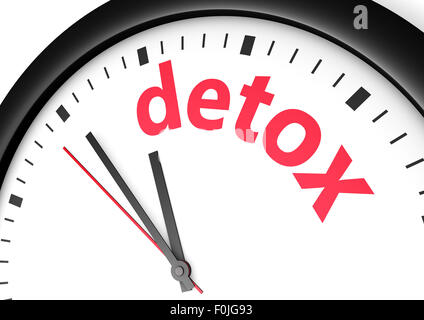 Le temps de vie sain régime de detox soins du corps et de l'image conceptuelle avec une horloge murale et de désintoxication signe texte imprimé en rouge. Banque D'Images