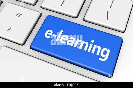 E-learning formation en ligne concept avec signe et word sur un ordinateur bleu clé pour blog, site web et commerce en ligne. Banque D'Images