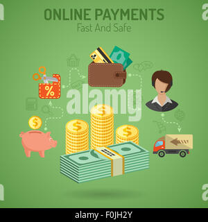 Illustration dans le style Télévision et ligne d'icônes différentes sur le thème des paiements en ligne, la livraison des marchandises, comme l'argent, la vente, l'appui Banque D'Images