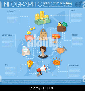 Internet Marketing infographies d' icônes comme style mégaphone, cerveau, poignée de main, l'argent, Tirelire. Peut être utilisé pour fl Banque D'Images