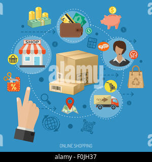 L'illustration dans un style réaliste et une télévision icônes sur thème de la vente au détail, le marketing, les achats en ligne, livraison de marchandises, tels que Banque D'Images