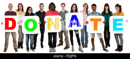 Smiling group of young people holding multi ethnic mot faire un don d'argent don isolated on white Banque D'Images