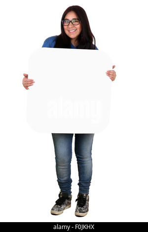 Les jeunes latino-américains ou Hispanic woman holding copyspace pour lettre ou isolés du texte Banque D'Images