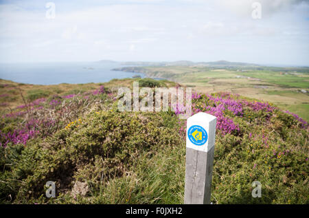 Wales Coast Path waymarker / Penarfynydd au poste * Plusieurs autres calvaires parsèment, avec la mer et Ynys Enlli / Bardsey Island vu dans la distance Banque D'Images