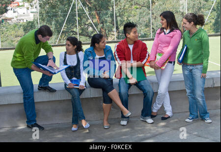 L'École des cadres supérieurs à l'extérieur du groupe ethnique Groupe de six adolescents de 15 à 17 ans senior rencontre et parle de l'école campus aire ensoleillée Banque D'Images