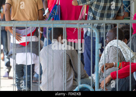 Catane, Italie. 17 août, 2015. Les migrants en attente d'identification. Credit : Simone Genovese/Alamy Live News Banque D'Images