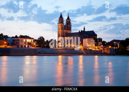 Elbe et la cathédrale de Magdeburg la nuit, Magdeburg, Saxe- Anhalt, Allemagne Banque D'Images