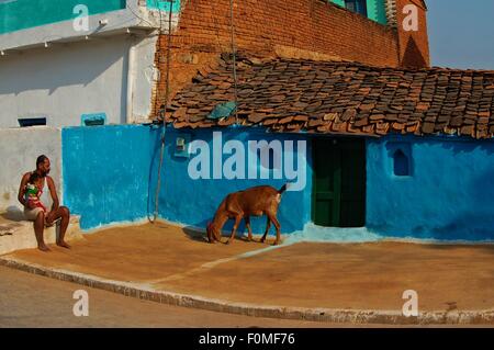 Son père, son enfant et lone goat se détendre dans le soleil de l'après-midi à Orchha village, Madhya Pradesh, Inde. Banque D'Images